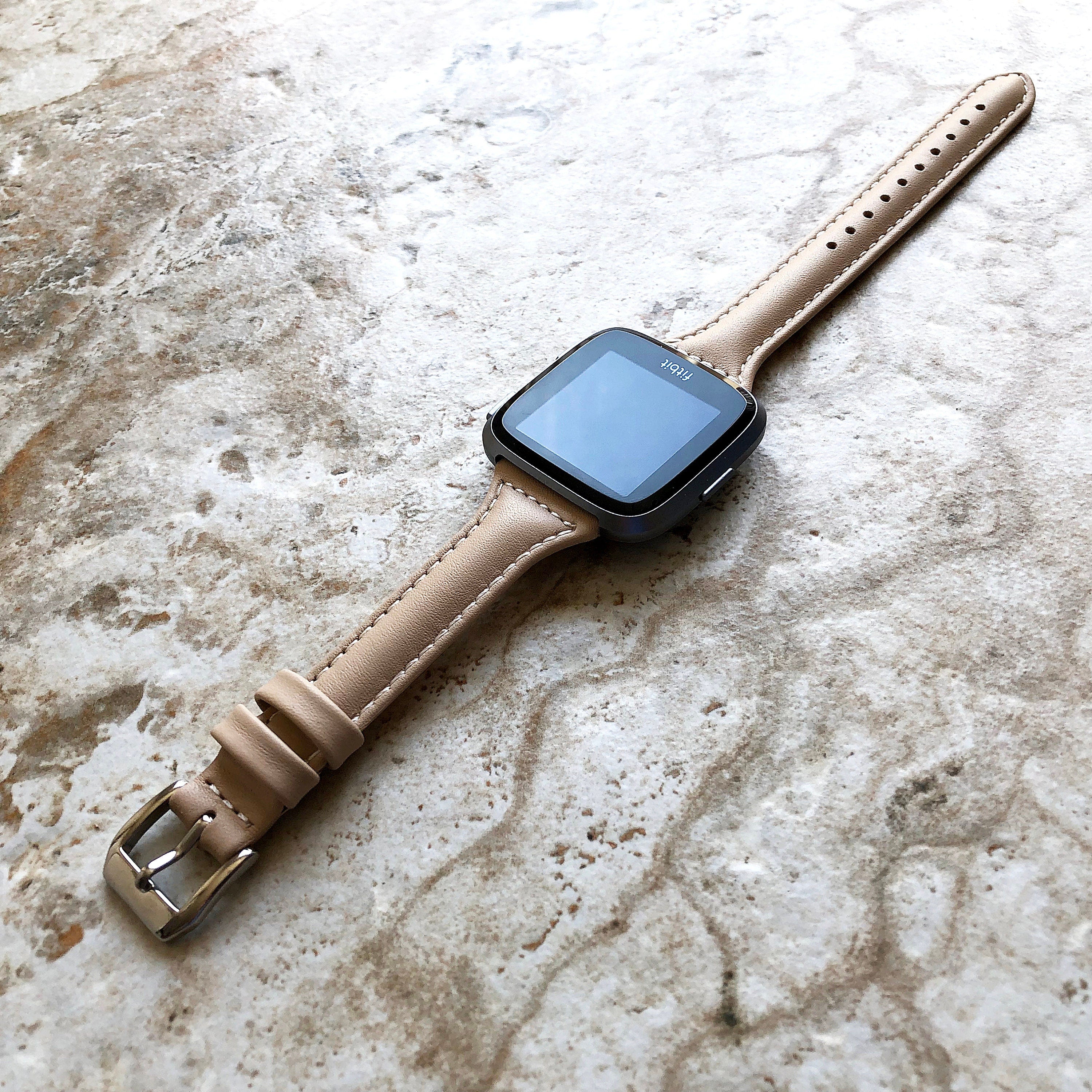 Fitbit Versa Lite 2 3 4 Sense 2 Band Beige Slim Elegant Leather Strap with Stitching Details Quick Release Pins Adapters Silver Rose Gold